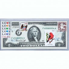 Банкнота США 2 доллара 1976 с печатью USPS, птица алый танагра, Gem UNC Банкнота США 2 доллара 1976 с печатью USPS, птица алый танагра, Gem UNC