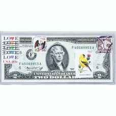 Банкнота США 2 доллара 1976 с печатью USPS, птица американский чиж, Gem UNC Банкнота США 2 доллара 1976 с печатью USPS, птица американский чиж, Gem UNC