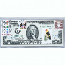 Банкнота США 2 доллара 1976 с печатью USPS, птица западная танагра, Gem UNC Банкнота США 2 доллара 1976 с печатью USPS, птица западная танагра, Gem UNC