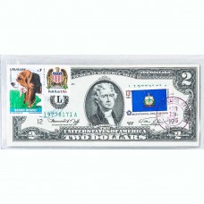 Банкнота США 2 доллара 1976 с печатью USPS, собака бассет хаунд, Gem UNC Банкнота США 2 доллара 1976 с печатью USPS, собака бассет хаунд, Gem UNC