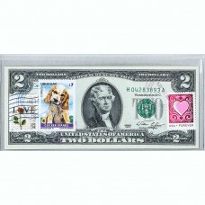 Банкнота США 2 доллара 1976 с печатью USPS, собака коккер спаниель, Gem UNC Банкнота США 2 доллара 1976 с печатью USPS, собака коккер спаниель, Gem UNC