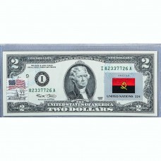 Банкнота США 2 доллара 2003 с печатью USPS, флаг Анголы, Gem UNC Банкнота США 2 доллара 2003 с печатью USPS, флаг Анголы, Gem UNC
