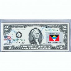 Банкнота США 2 доллара 2003 с печатью USPS, флаг Антигуа и Барбуды, Gem UNC Банкнота США 2 доллара 2003 с печатью USPS, флаг Антигуа и Барбуды, Gem UNC