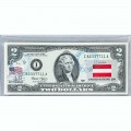 Банкнота США 2 доллара 2003 с печатью USPS, флаг Австрии, Gem UNC Банкнота США 2 доллара 2003 с печатью USPS, флаг Австрии, Gem UNC