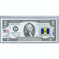 Банкнота США 2 доллара 2003 с печатью USPS, флаг Барбадоса, Gem UNC