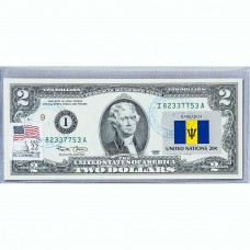 Банкнота США 2 доллара 2003 с печатью USPS, флаг Барбадоса, Gem UNC Банкнота США 2 доллара 2003 с печатью USPS, флаг Барбадоса, Gem UNC