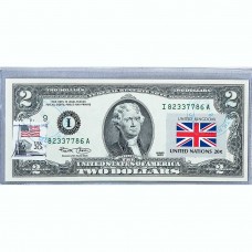 Банкнота США 2 доллара 2003 с печатью USPS, флаг Британии, Gem UNC Банкнота США 2 доллара 2003 с печатью USPS, флаг Британии, Gem UNC