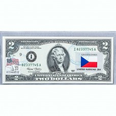 Банкнота США 2 доллара 2003 с печатью USPS, флаг Чехословакии, Gem UNC Банкнота США 2 доллара 2003 с печатью USPS, флаг Чехословакии, Gem UNC