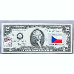 Банкнота США 2 доллара 2003 с печатью USPS, флаг Чехословакии, Gem UNC