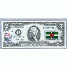 Банкнота США 2 доллара 2003 с печатью USPS, флаг Доминики, Gem UNC Банкнота США 2 доллара 2003 с печатью USPS, флаг Доминики, Gem UNC