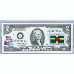 Банкнота США 2 доллара 2003 с печатью USPS, флаг Доминики, Gem UNC