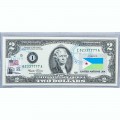 Банкнота США 2 доллара 2003 с печатью USPS, флаг Джибути-01, Gem UNC Банкнота США 2 доллара 2003 с печатью USPS, флаг Джибути-01, Gem UNC