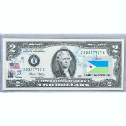 Банкнота США 2 доллара 2003 с печатью USPS, флаг Джибути-01, Gem UNC