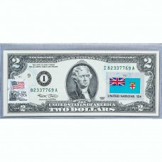 Банкнота США 2 доллара 2003 с печатью USPS, флаг Фиджи, Gem UNC Банкнота США 2 доллара 2003 с печатью USPS, флаг Фиджи, Gem UNC