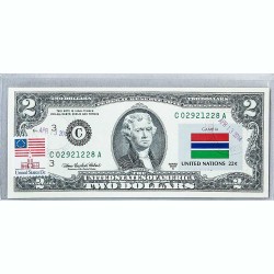 Банкнота США 2 доллара 2003 с печатью USPS, флаг Гамбии, Gem UNC