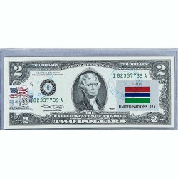 Банкнота США 2 доллара 2003 с печатью USPS, флаг Гамбия, Gem UNC