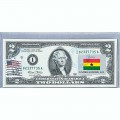 Банкнота США 2 доллара 2003 с печатью USPS, флаг Ганы, Gem UNC Банкнота США 2 доллара 2003 с печатью USPS, флаг Ганы, Gem UNC