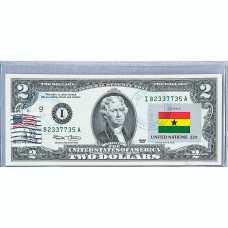 Банкнота США 2 доллара 2003 с печатью USPS, флаг Ганы, Gem UNC Банкнота США 2 доллара 2003 с печатью USPS, флаг Ганы, Gem UNC