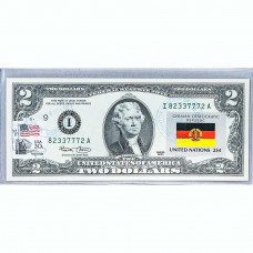 Банкнота США 2 доллара 2003 с печатью USPS, флаг ГДР, Gem UNC Банкнота США 2 доллара 2003 с печатью USPS, флаг ГДР, Gem UNC