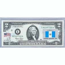 Банкнота США 2 доллара 2003 с печатью USPS, флаг Гватемалы, Gem UNC Банкнота США 2 доллара 2003 с печатью USPS, флаг Гватемалы, Gem UNC