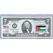 Банкнота США 2 доллара 2003 с печатью USPS, флаг Иордании, Gem UNC Банкнота США 2 доллара 2003 с печатью USPS, флаг Иордании, Gem UNC