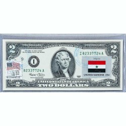 Банкнота США 2 доллара 2003 с печатью USPS, флаг Йемена, Gem UNC