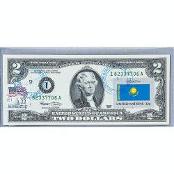 Банкнота США 2 доллара 2003 с печатью USPS, флаг Казахстана, Gem UNC
