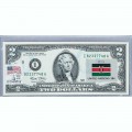 Банкнота США 2 доллара 2003 с печатью USPS, флаг Кении, Gem UNC Банкнота США 2 доллара 2003 с печатью USPS, флаг Кении, Gem UNC