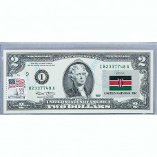 Банкнота США 2 доллара 2003 с печатью USPS, флаг Кении, Gem UNC Банкнота США 2 доллара 2003 с печатью USPS, флаг Кении, Gem UNC