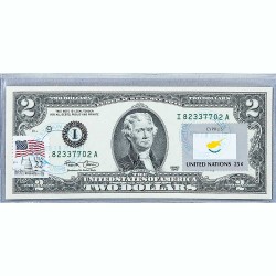 Банкнота США 2 доллара 2003 с печатью USPS, флаг Кипра, Gem UNC