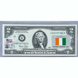 Банкнота США 2 доллара 2003 с печатью USPS, флаг Кот-д'Ивуара, Gem UNC