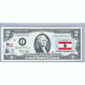 Банкнота США 2 доллара 2003 с печатью USPS, флаг Ливана, Gem UNC