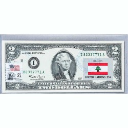 Банкнота США 2 доллара 2003 с печатью USPS, флаг Ливана, Gem UNC