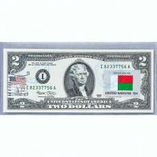 Банкнота США 2 доллара 2003 с печатью USPS, флаг Мадагаскара, Gem UNC Банкнота США 2 доллара 2003 с печатью USPS, флаг Мадагаскара, Gem UNC