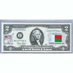 Банкнота США 2 доллара 2003 с печатью USPS, флаг Мадагаскара, Gem UNC