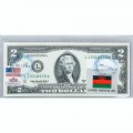 Банкнота США 2 доллара 2003 с печатью USPS, флаг Малави-01, Gem UNC Банкнота США 2 доллара 2003 с печатью USPS, флаг Малави-01, Gem UNC