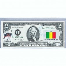 Банкнота США 2 доллара 2003 с печатью USPS, флаг Мали, Gem UNC Банкнота США 2 доллара 2003 с печатью USPS, флаг Мали, Gem UNC