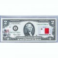 Банкнота США 2 доллара 2003 с печатью USPS, флаг Мальты, Gem UNC Банкнота США 2 доллара 2003 с печатью USPS, флаг Мальты, Gem UNC