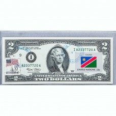 Банкнота США 2 доллара 2003 с печатью USPS, флаг Намибии, Gem UNC Банкнота США 2 доллара 2003 с печатью USPS, флаг Намибии, Gem UNC