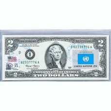 Банкнота США 2 доллара 2003 с печатью USPS, флаг Объединенных Наций, Gem UNC Банкнота США 2 доллара 2003 с печатью USPS, флаг Объединенных Наций, Gem UNC