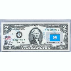 Банкнота США 2 доллара 2003 с печатью USPS, флаг Объединенных Наций, Gem UNC