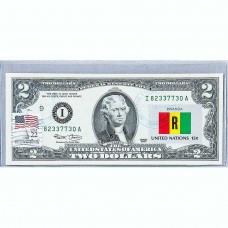 Банкнота США 2 доллара 2003 с печатью USPS, флаг Руанды, Gem UNC Банкнота США 2 доллара 2003 с печатью USPS, флаг Руанды, Gem UNC