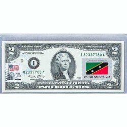 Банкнота США 2 доллара 2003 с печатью USPS, флаг Сент-Китс и Невиса, Gem UNC
