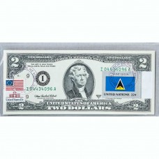 Банкнота США 2 доллара 2003 с печатью USPS, флаг Сент-Люсии, Gem UNC Банкнота США 2 доллара 2003 с печатью USPS, флаг Сент-Люсии, Gem UNC