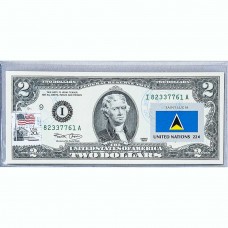 Банкнота США 2 доллара 2003 с печатью USPS, флаг Сент-Люсия, Gem UNC Банкнота США 2 доллара 2003 с печатью USPS, флаг Сент-Люсия, Gem UNC