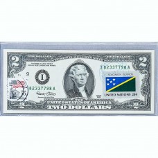 Банкнота США 2 доллара 2003 с печатью USPS, флаг Соломоновых Островов, Gem UNC Банкнота США 2 доллара 2003 с печатью USPS, флаг Соломоновых Островов, Gem UNC