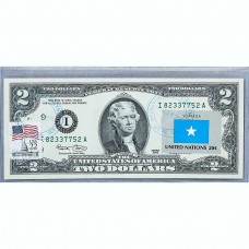 Банкнота США 2 доллара 2003 с печатью USPS, флаг Сомали, Gem UNC Банкнота США 2 доллара 2003 с печатью USPS, флаг Сомали, Gem UNC