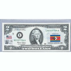 Банкнота США 2 доллара 2003 с печатью USPS, флаг Свазиленда, Gem UNC
