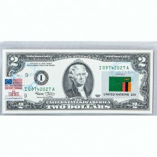 Банкнота США 2 доллара 2003 с печатью USPS, флаг Замбии, Gem UNC Банкнота США 2 доллара 2003 с печатью USPS, флаг Замбии, Gem UNC