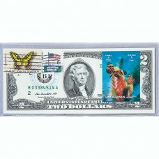 Банкнота США 2 доллара 2009 с печатью USPS, бабочки махаоны-01, Gem UNC